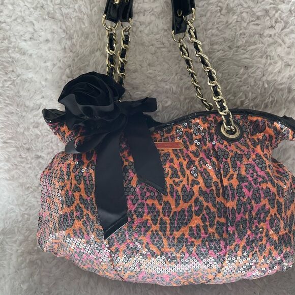 Betsey Johnson Fabric sequins leopard print orange,hot pink & black shoulder bag - Picture 3 of 12